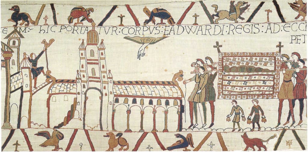 Book review - detail of a large colourful embroidery with humans and buildings