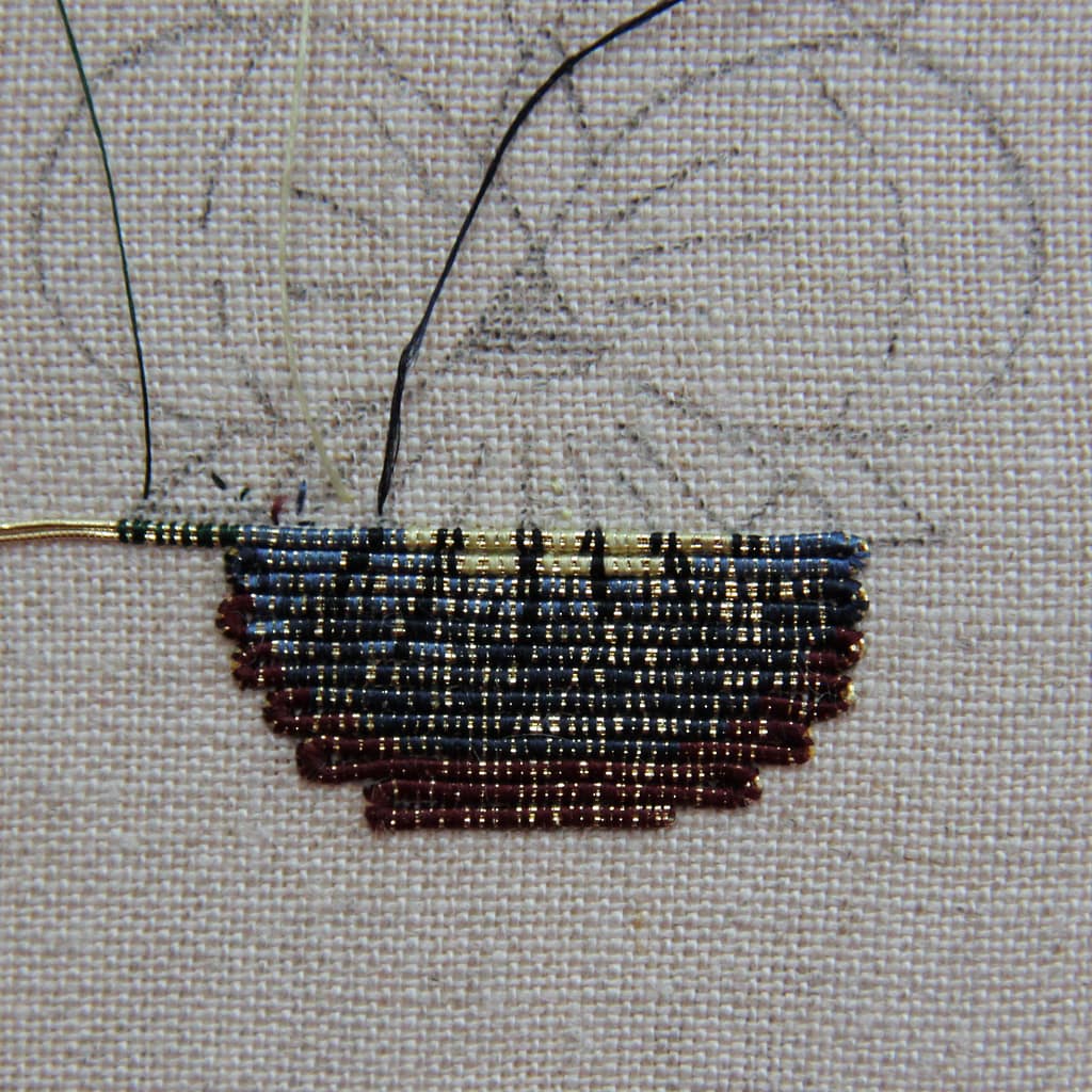 Goldwork Course - multicoloured embroidery in progress