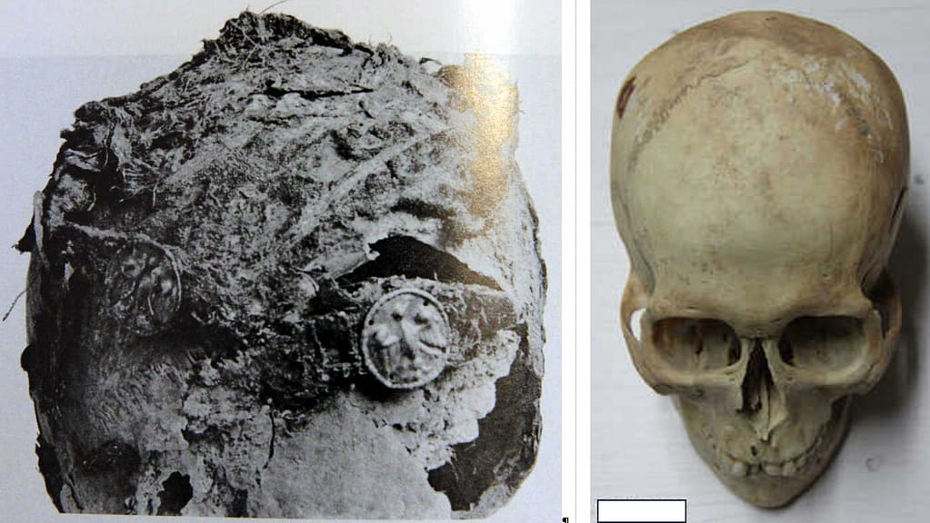 Villach-Judendorf - Black and white picture of archaeological textile find and a human skull