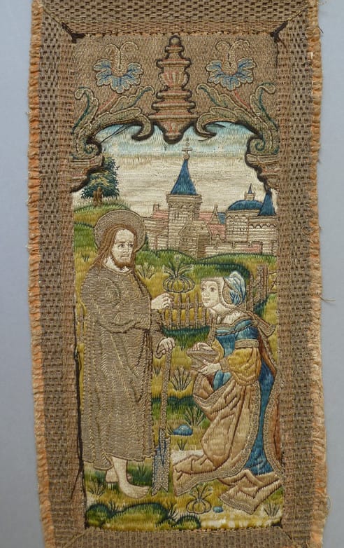 Embroidery techniques - Noli me tangere scene on an orphrey panel.