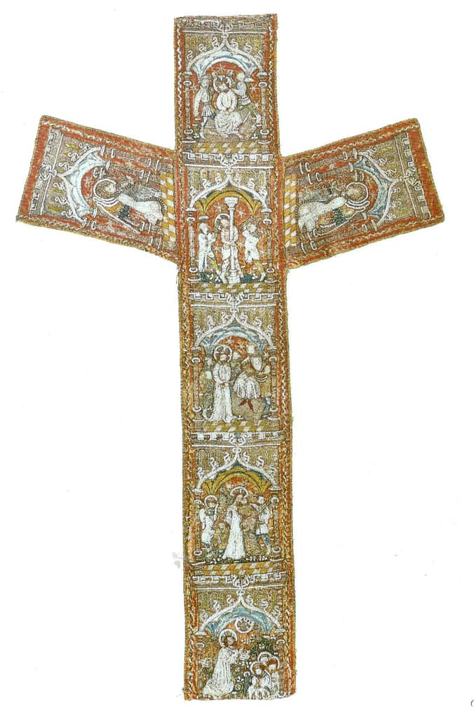 Medieval goldwork - multi coloured embroidery scenes forming a cross