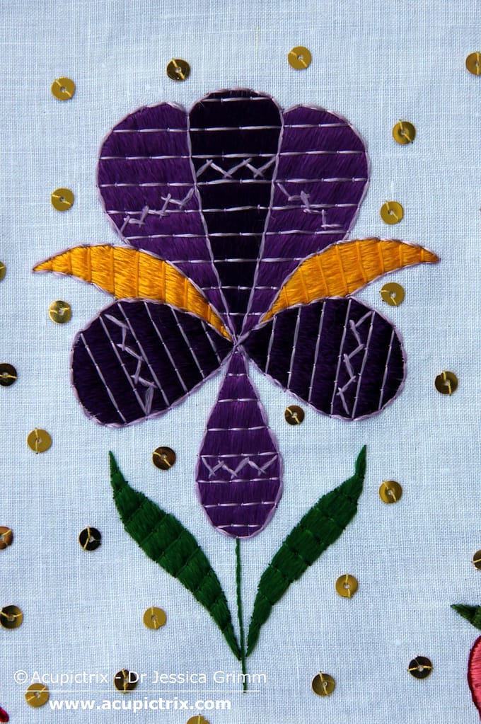 Linen Vestments Tyrol - embroidered pink and yellow pansy in silk on linen