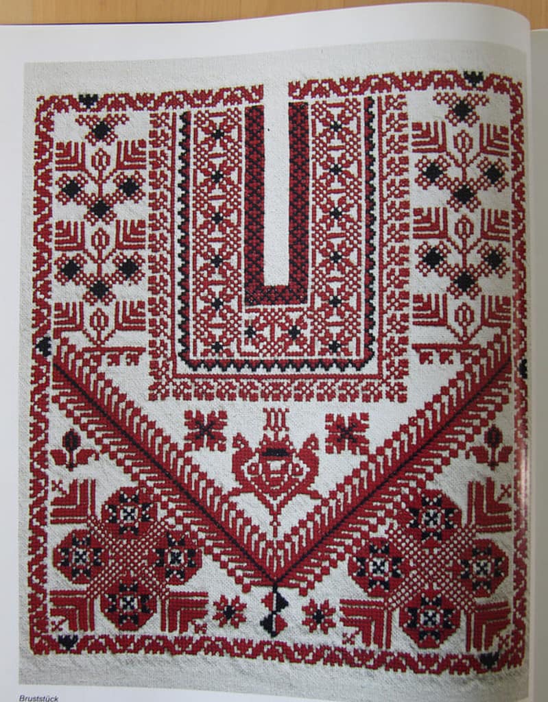 Fallahi embroidery - original crossstitch pattern in red and black on white linen