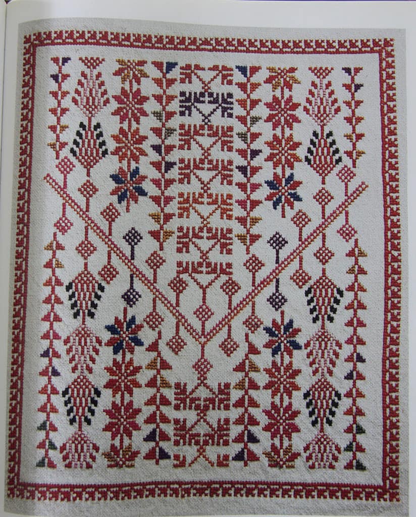 Fallahi embroidery - original crossstitch pattern in red and black on white linen