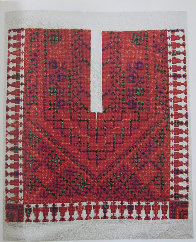 Fallahi embroidery - original crossstitch pattern in red and green on white linen